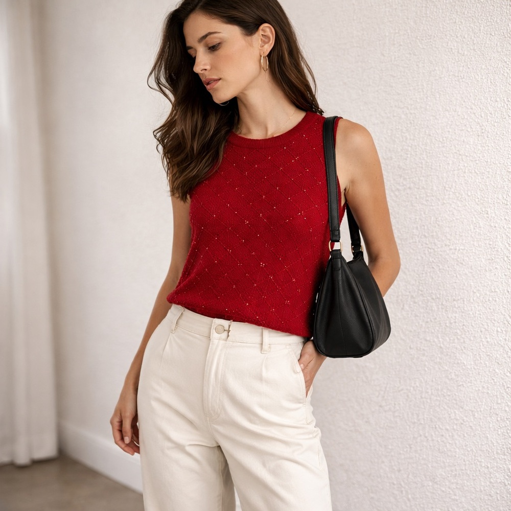 Vintage Laura Ashley Red Wool Knit Shell Beaded Textured Top Made in Hong Kong